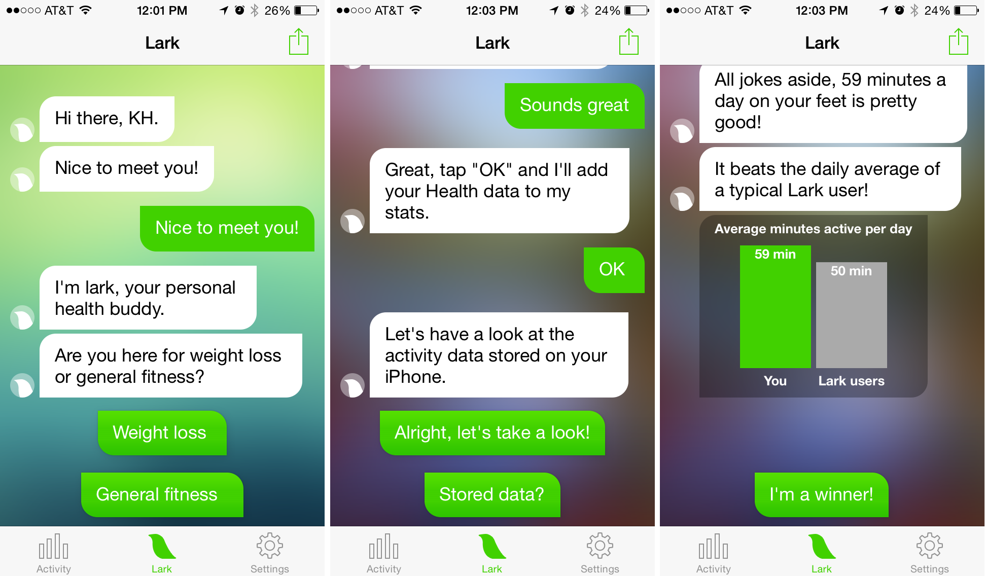 Lark is a personal health coach. It combines explicit and implicit learning via a chat-like interface. It asks the user explicitly about their fitness goals, then asks for permission to access their phone’s motion data history, which allows it to implicitly determine the user’s current activity level and provide relevant coaching.