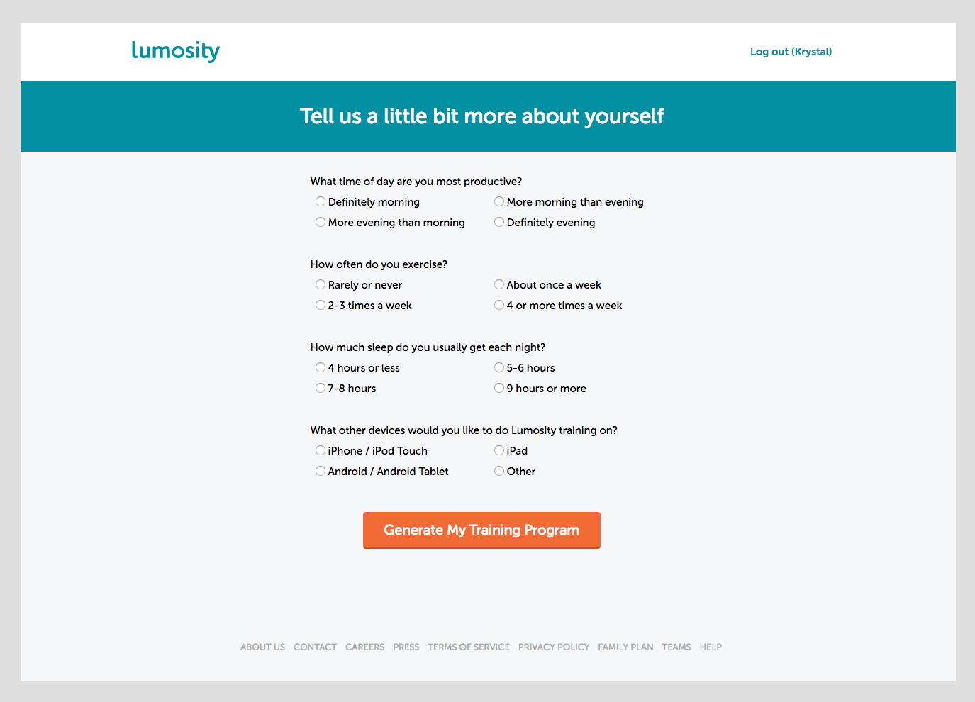 Screenshot of Lumosity initial user questionnaire