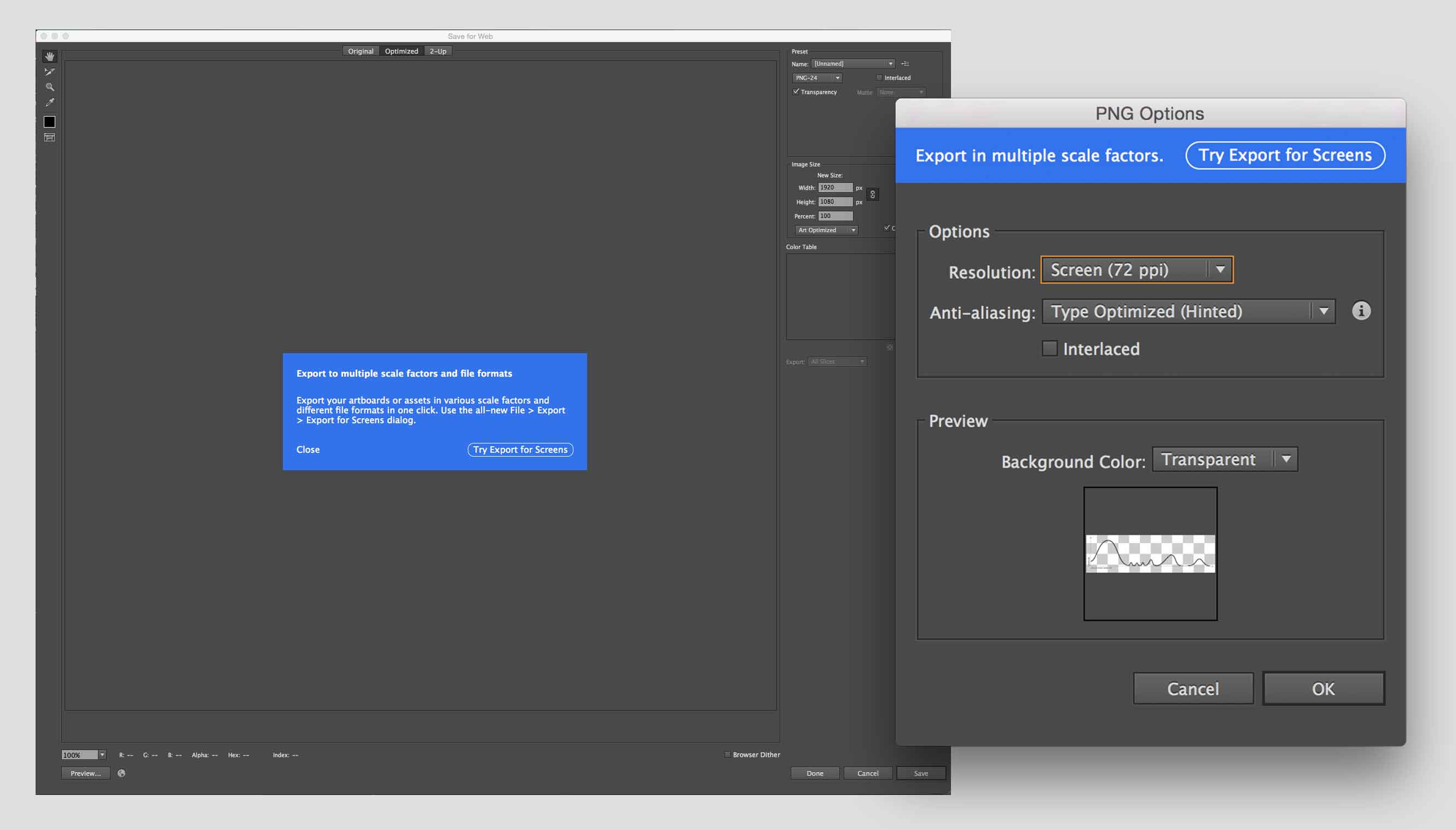 Screenshots showing "Save for screens" feature repeated in Photoshop and Illustrator