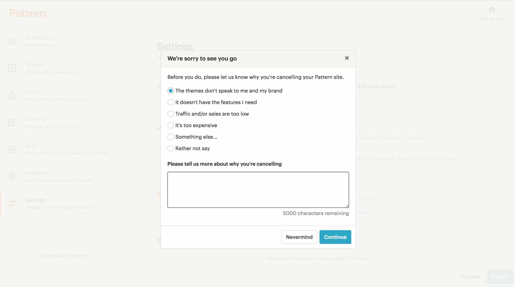 Screenshot of website asking for feedback after user cancels free trial