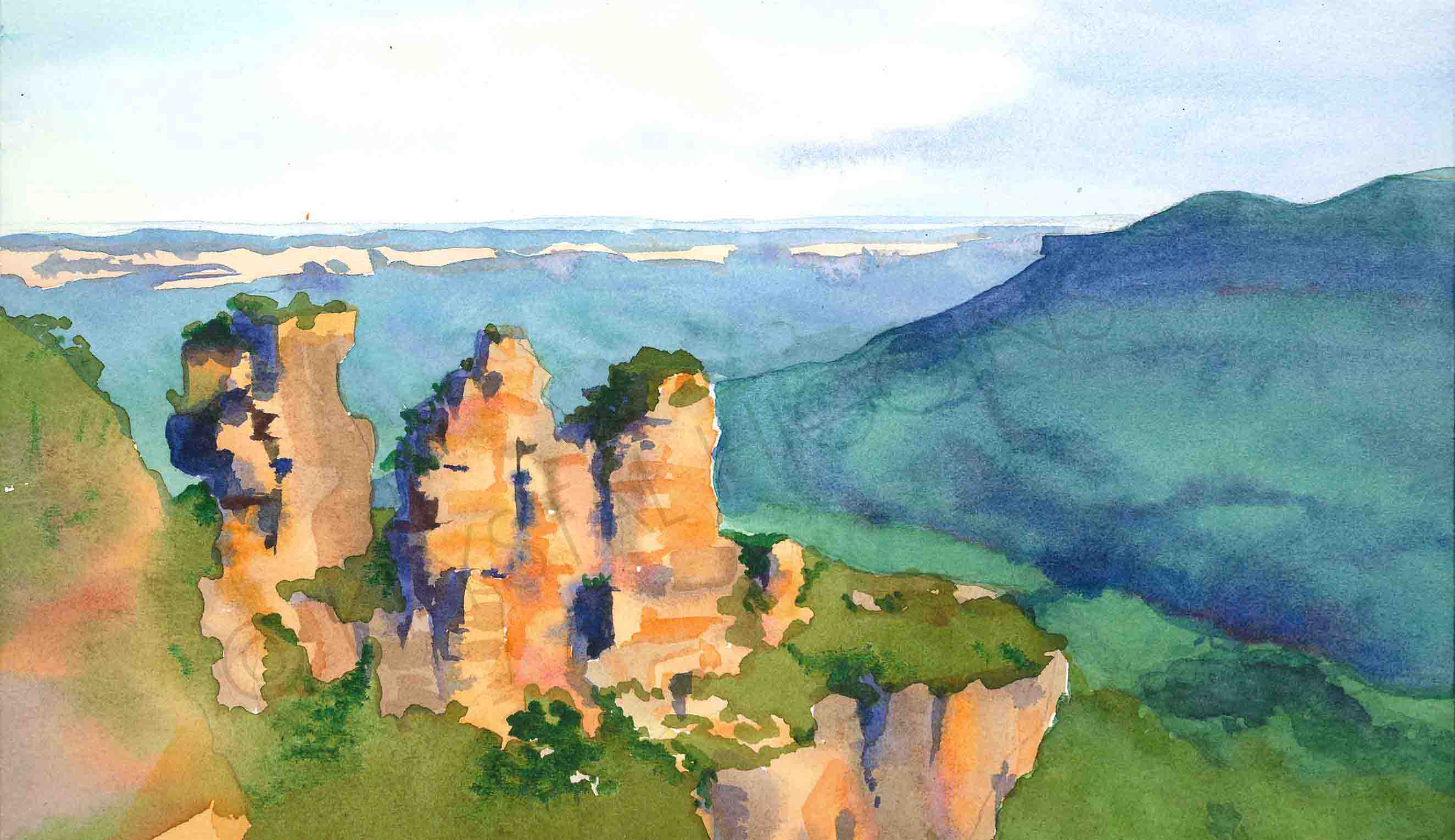 A scan of a painting of the Three Sisters in the Blue Mountains, Australia