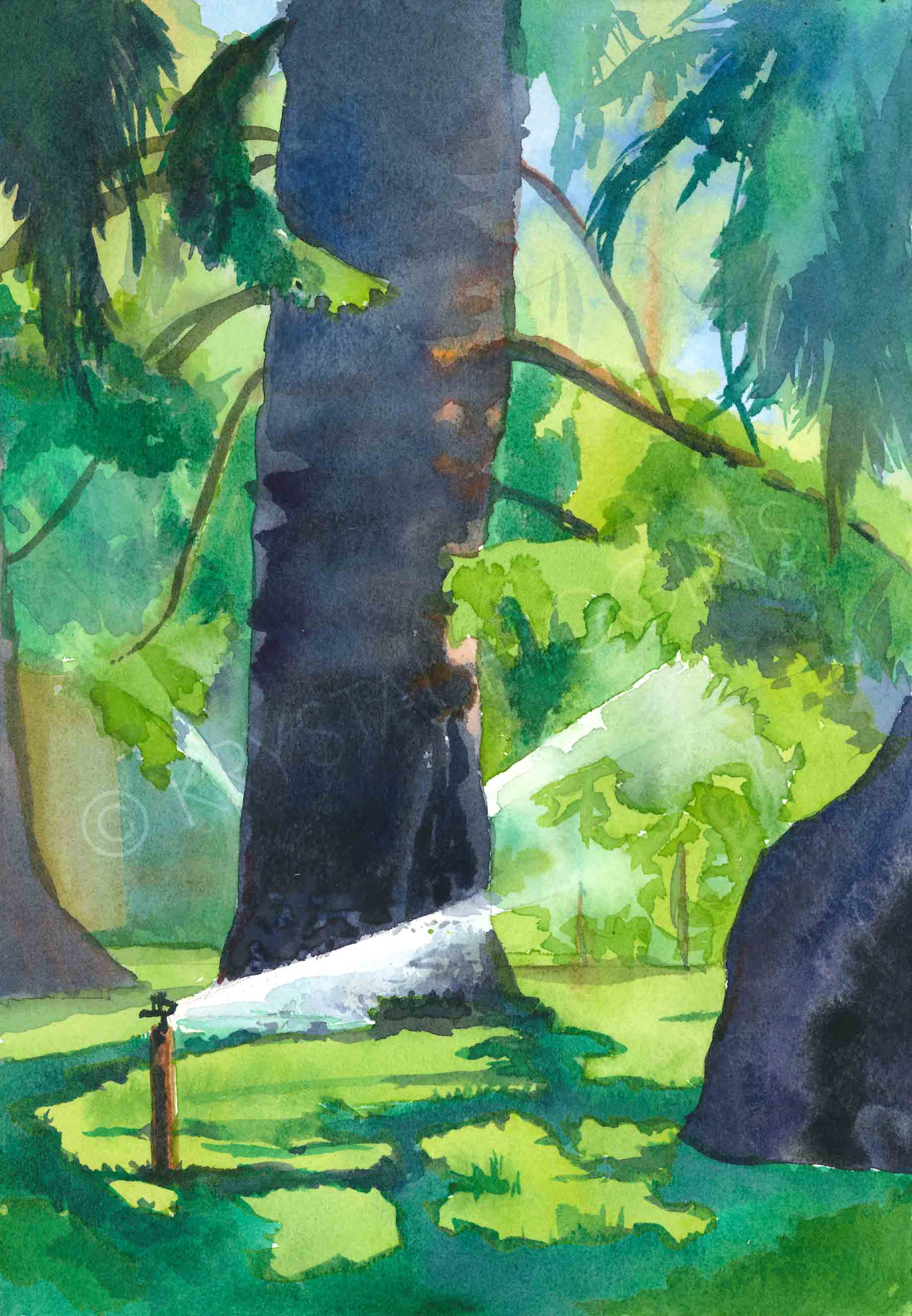 Watercolour painting of sprinklers set against the backdrop of shady trees
