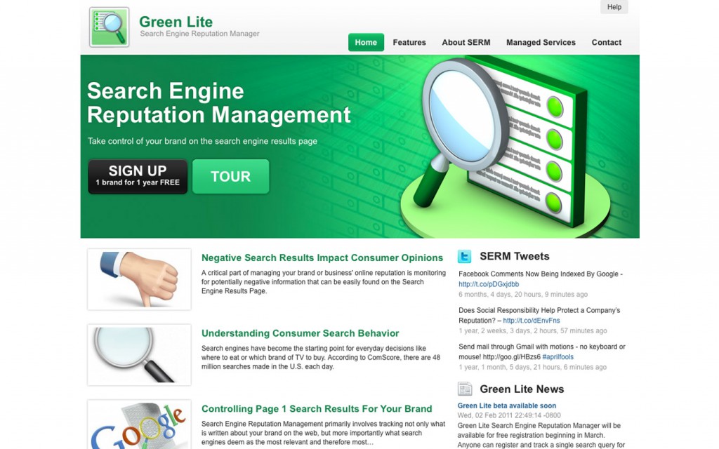 Mockup of website home page with 3D icon of a magnifying glass hovering over a webpage featured in the main web banner