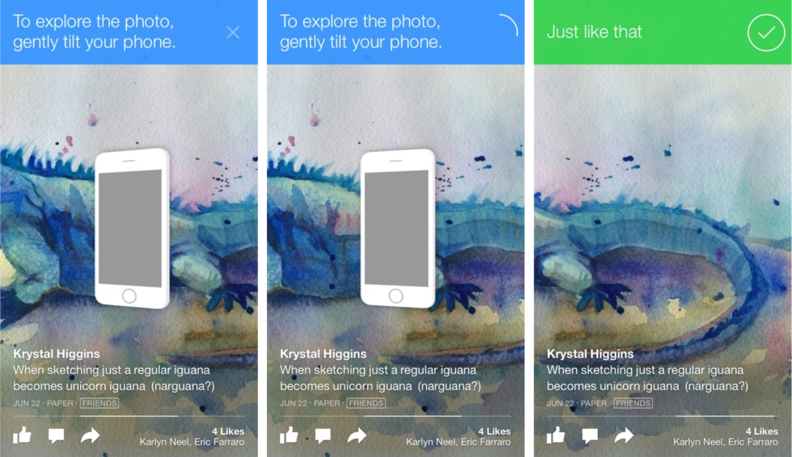 Screenshots of how the old Facebook Paper app guided someone through tilting their phone to pan an image, with an instructional banner at the top, the real world image in the background, and a phone animation that matched the user's phone tilt showing feedback.