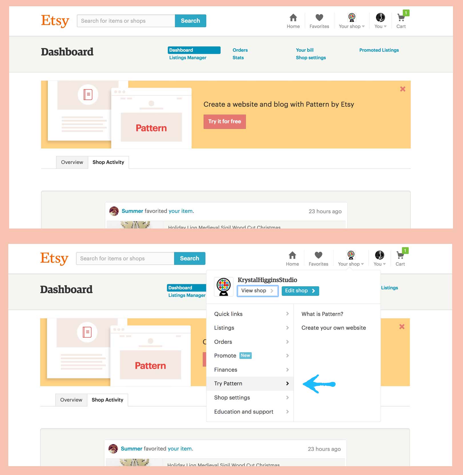 Screenshots showing Etsy's multiple paths to enter new feature onboarding