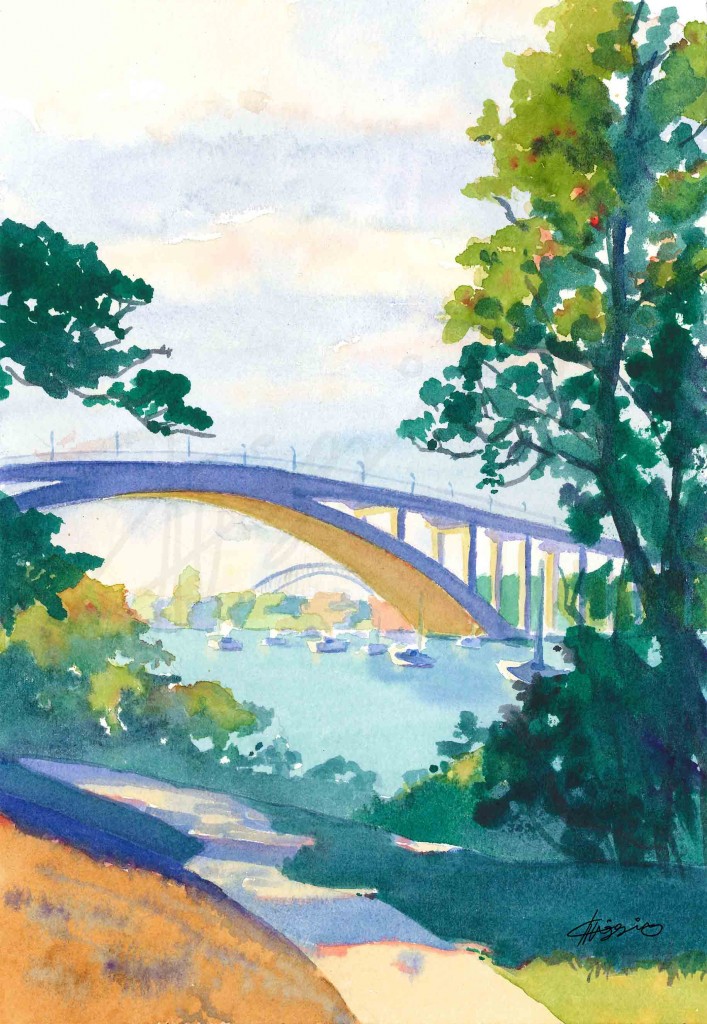 Watercolour painting of an arched bridge in the middle ground with Sydney Harbour Bridge, which is off in the distance, visible through the larger bridge's arch. 