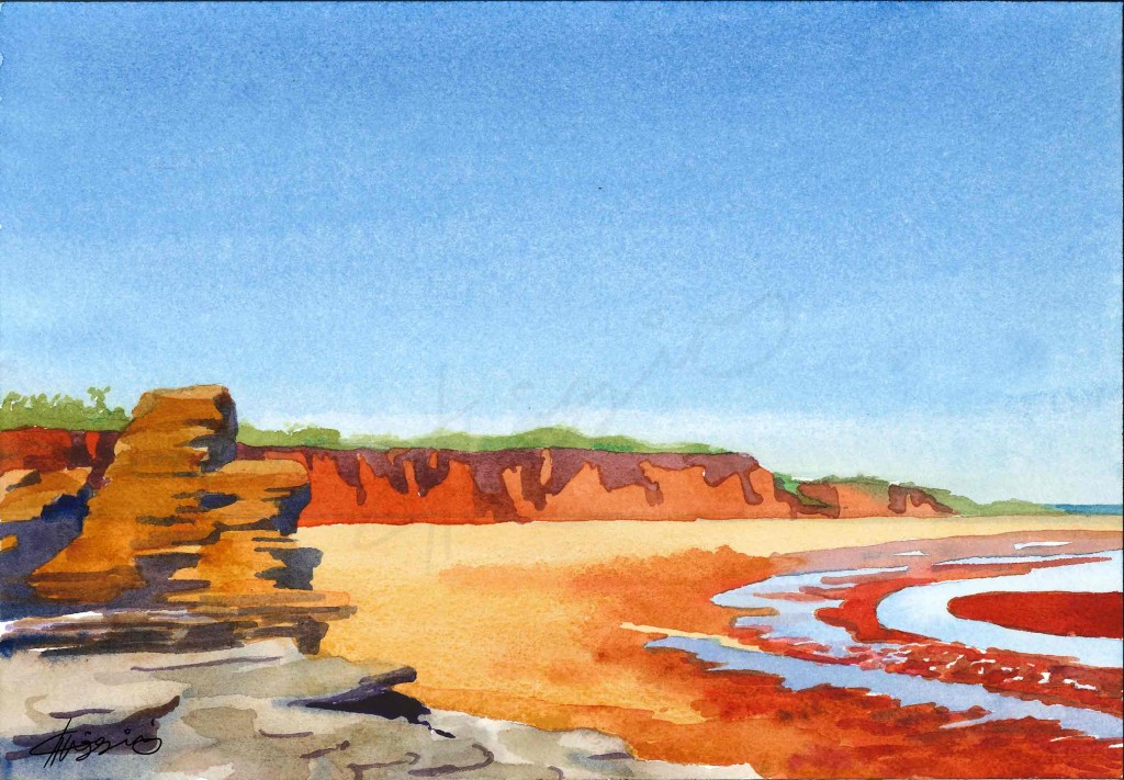 A watercolour painting of the red sands and cliffs of Broome at low tide, contrasted against the vibrant blue of the sky.