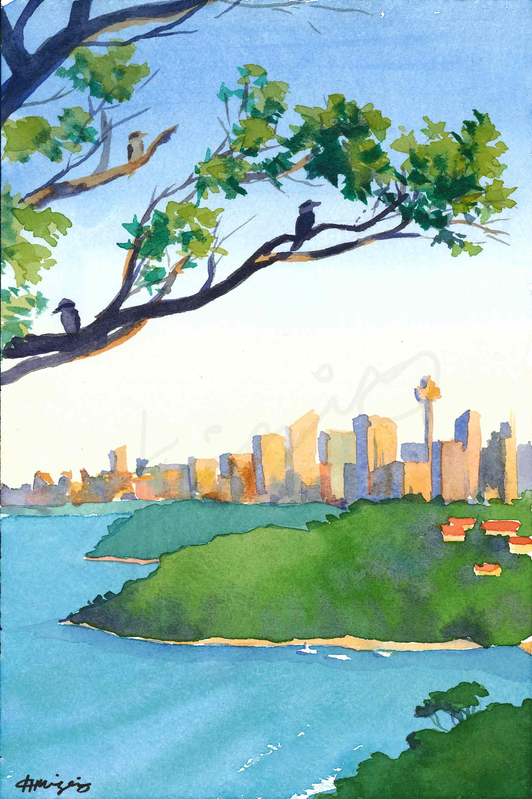Watercolor painting of Sydney city from high up, with 3 kookaburras on tree branches in the foreground
