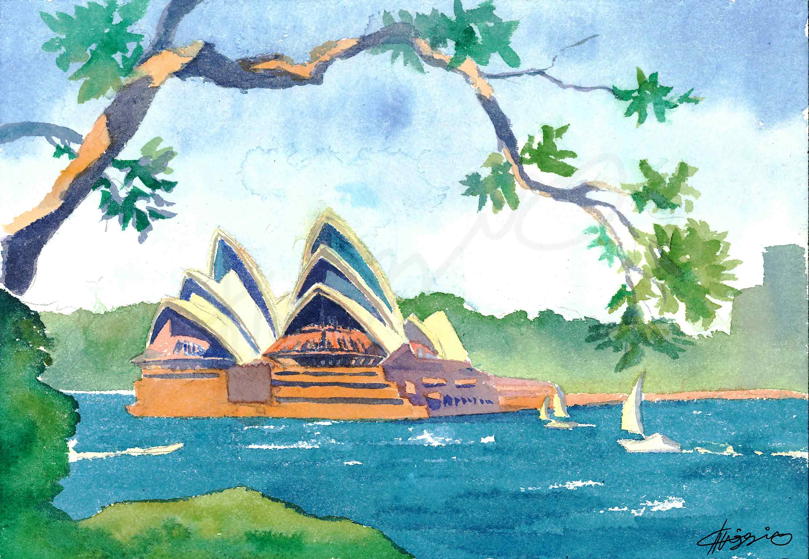 Watercolour painting of the Sydney Opera House, from across Sydney Harbour