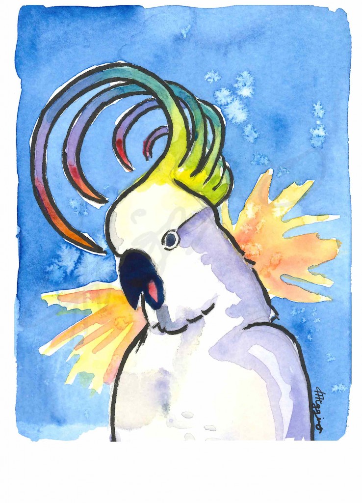Vibrant watercolour painting of a screaming cockatoo with a rainbow-colored crest