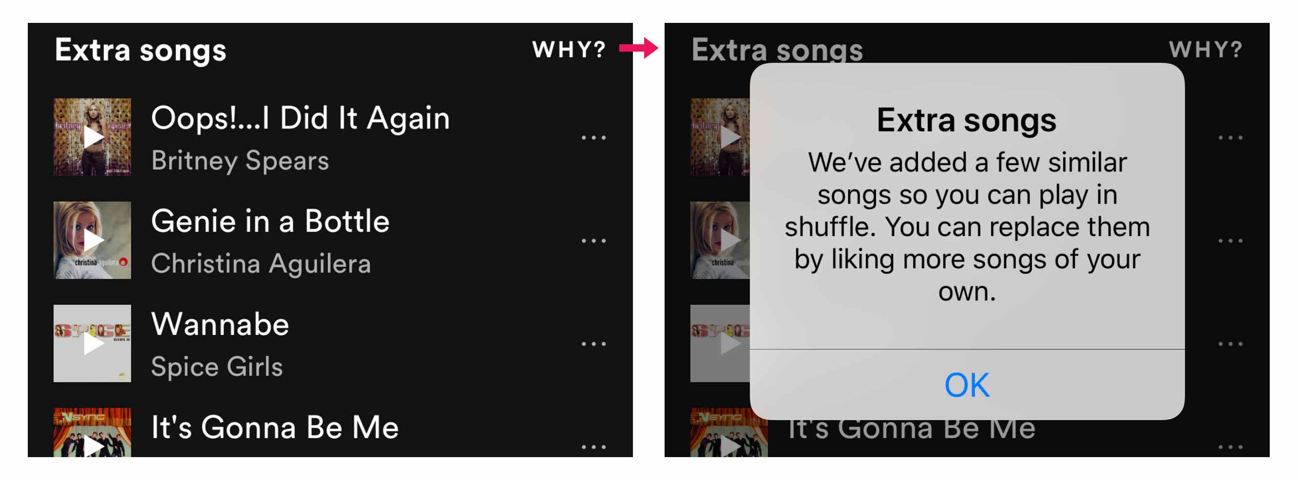 Screenshots of Spotify's suggested extra songs
