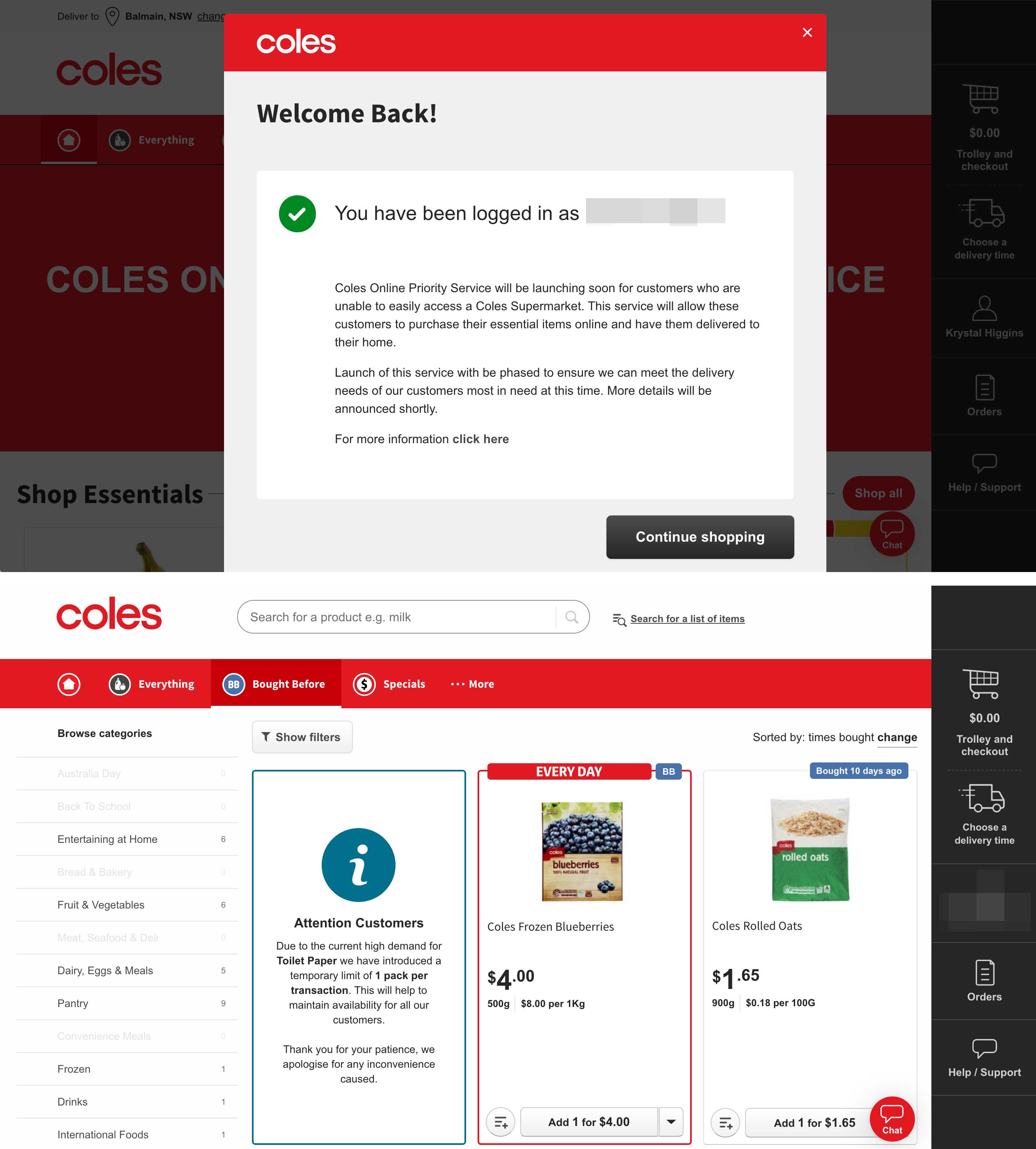 Two screenshots of Coles grocery website