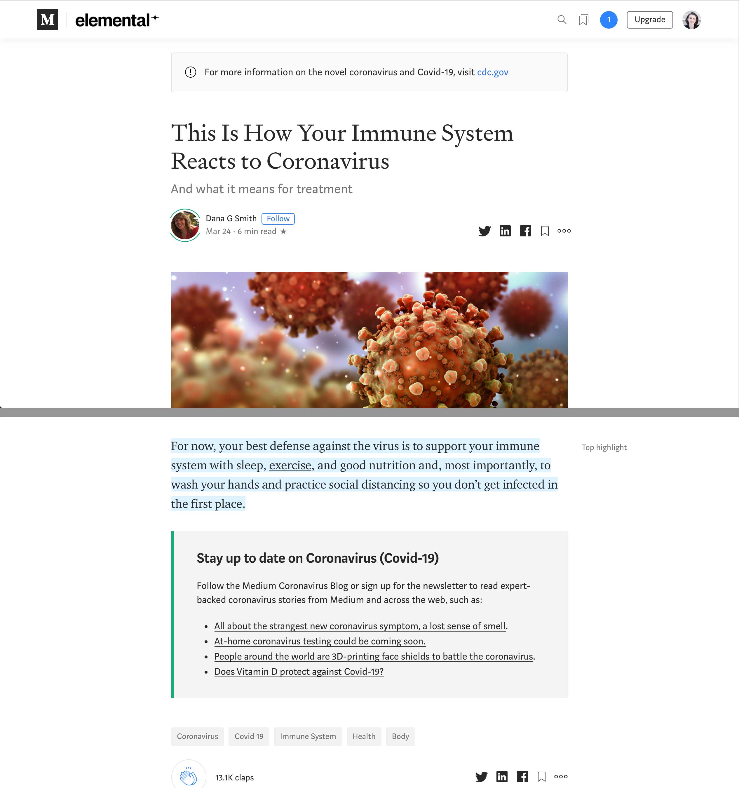 Two screenshots of a Medium article with COVID-19 messaging