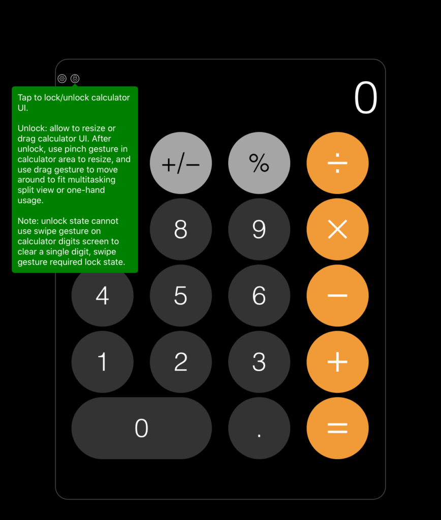 A screenshot of a calculator app with its second tooltip, which goes into details on the functionality and constraints of locking/unlocking the calculator UI