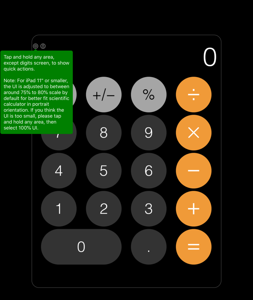 A screenshot of a calculator app with its third tooltip, which gets into details on how the UI scales for different device sizes