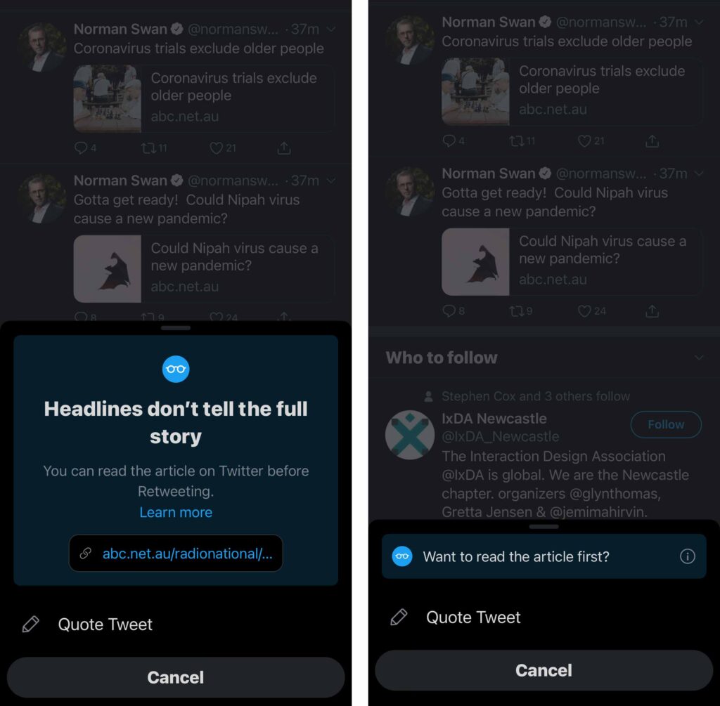 Two screenshots side-by-side of how Twitter showed messaging when people attempt to retweet articles before reading them. 