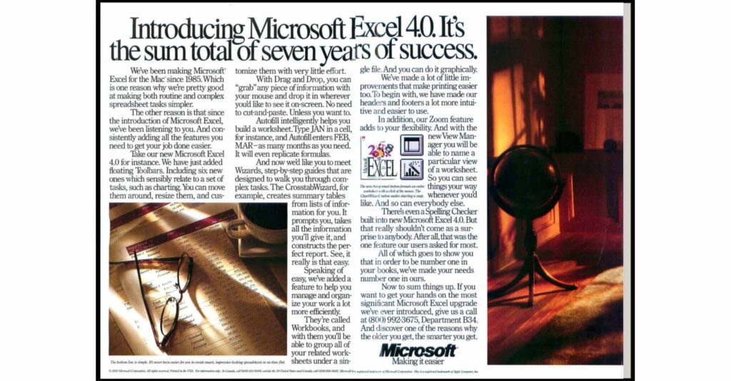 Screenshot from archive.org of an advertisement for Microsoft Excel 4.0 in 1992 MacUser Magazine