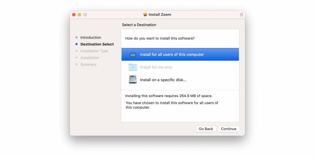 Screenshot of Software Installer on MacOS showing a list of steps to the left side and a central area for the current step content.