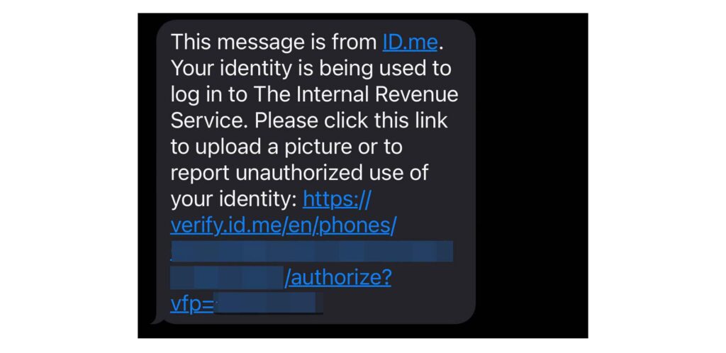 Screenshot of a text message from ID.me with a link to a URL where the user can continue with parts of account setup on their phone.