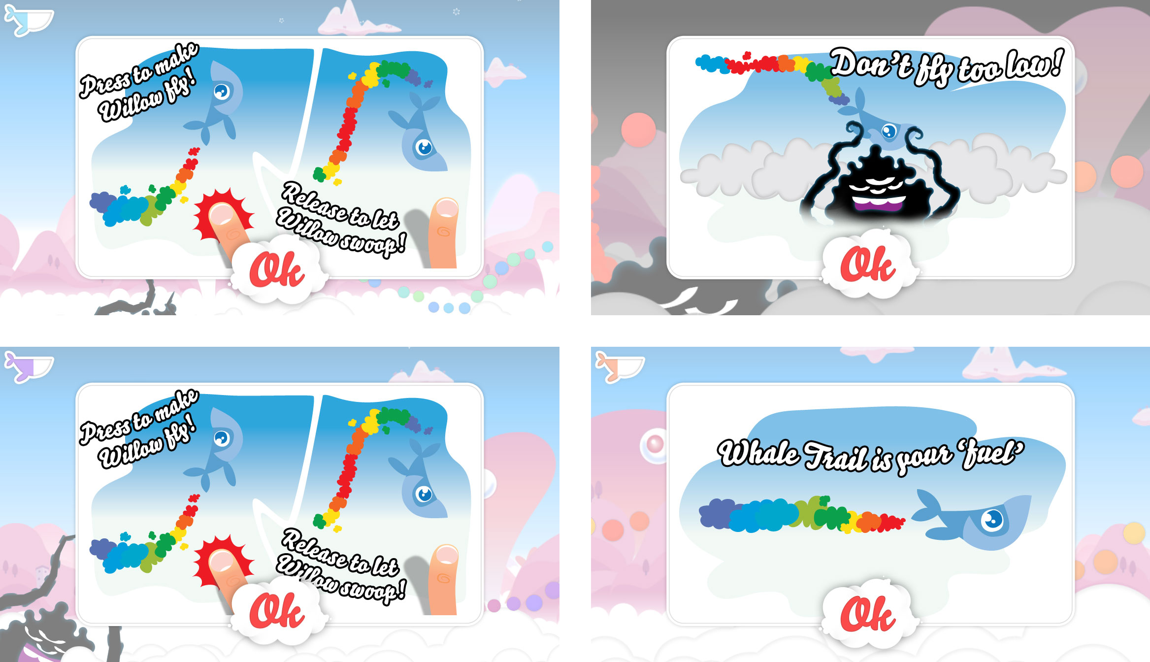 Image showing 4 screenshots of instructional popups from the tutorial level of iOS game "Whale Trail."